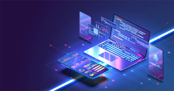 illustrazioni stock, clip art, cartoni animati e icone di tendenza di applicazione di smartphone con grafico aziendale e dati di analisi su telefono cellulare isometrico. tendenze di analisi e concetto di processo di codifica dello sviluppo software. programmazione, test del codice multipiattaforma - software development