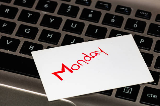 istock Writing on white label Monday. Text with Monday on a label on keyboard. 1193278025