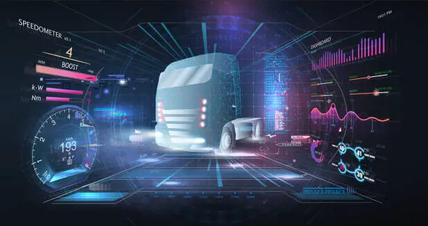 Vector illustration of Autonomous smart truck. Unmanned vehicles. artificial intelligence controls the Autonomous truck. Hologram car style in HUD/UI/GUI. Hardware Diagnostics Condition of Car. Analysis and diagnostics auto