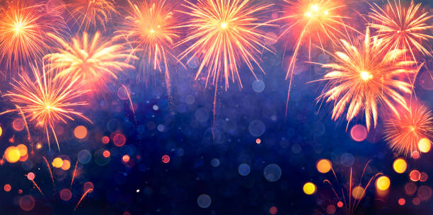 istock Fireworks Display Celebration - 2020 Trendy Phantom blue And Lush Lava Colors 1193279160