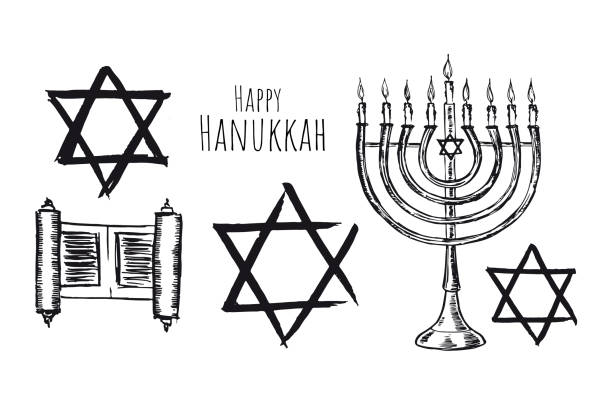 illustrations, cliparts, dessins animés et icônes de joyeux ensemble hanukkah. illustration dessinée à la main. - 2997