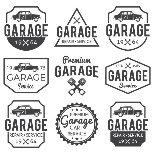 ilustrações de stock, clip art, desenhos animados e ícones de garage badge set. car repair logos - auto repair shop mechanic piston industrial equipment