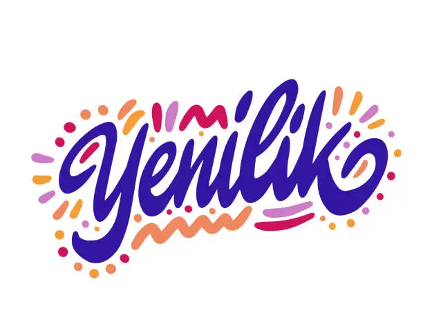 Vector illustration of Yenilik, new in Turkish. Modern brush calligraphy. Hand lettering illustration. Calligraphic poster. On white background Vector illustration.