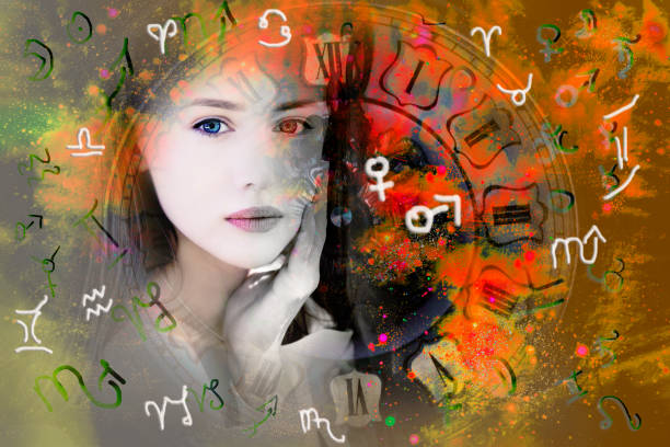 Female face, space and zodiac signs and planets symbols. Female face, space and zodiac signs and planets symbols. cancer astrology sign photos stock pictures, royalty-free photos & images
