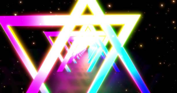 istock Neon geometric background with LED star Fluorescent tunnel. Ultraviolet abstract blue, purple color. animation . 3D rendering 1193287201