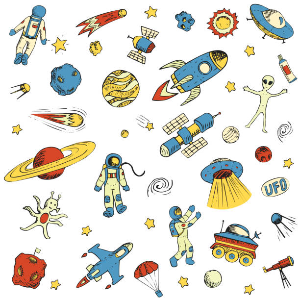 Hand drawn space objects astronaut, spaceship, alien, satellite, rocket, universe, spaceman. Hand drawn space objects set astronaut, spaceship, alien, satellites, universe, rockets, planets, spaceman, stars, comets flying saucers ufo. Retro color Cartoon vector illustration astronaut clipart stock illustrations