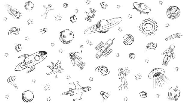 Vector doodle space objects. Astronaut, alien, galaxy, space ship, spaceman. Coloring page. Doodle space objects. Astronaut, spaceship, alien, satellites, universe, rockets, planets, comets, spaceman, stars flying saucers ufo cosmonauts. Coloring page Hand drawn style astronaut drawings stock illustrations