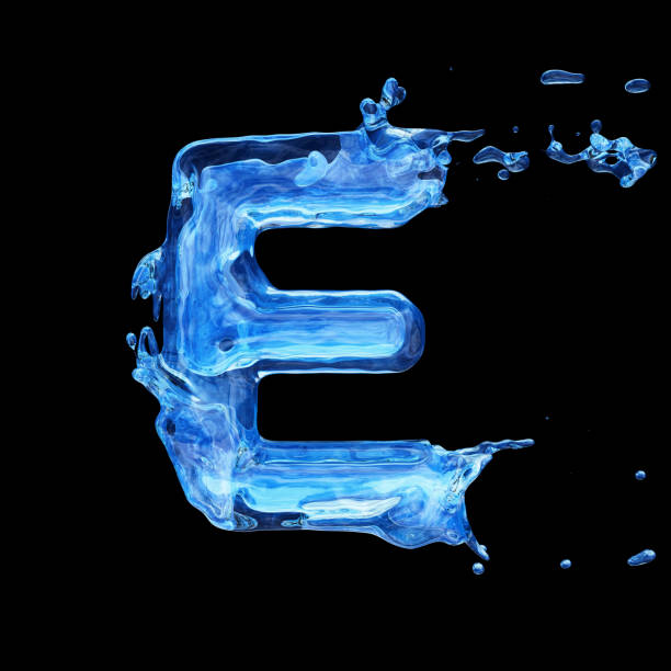 istock Uppercase letter E made by water with drops and splashes isolated on black background 1193287499