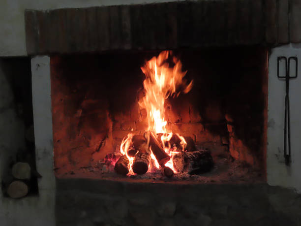 Burning Fireplace with Wooden Logs in Home Ambience.