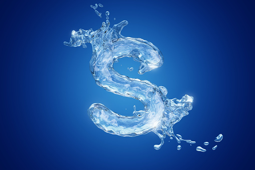 Uppercase letter W made by water with drops and splashes isolated on blue background