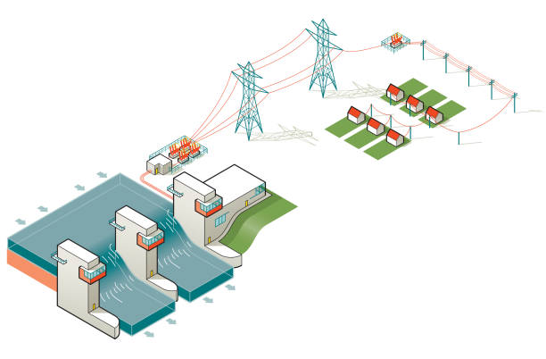 ilustraciones, imágenes clip art, dibujos animados e iconos de stock de cadena de suministro de energía hidroeléctrica - hydroelectric power