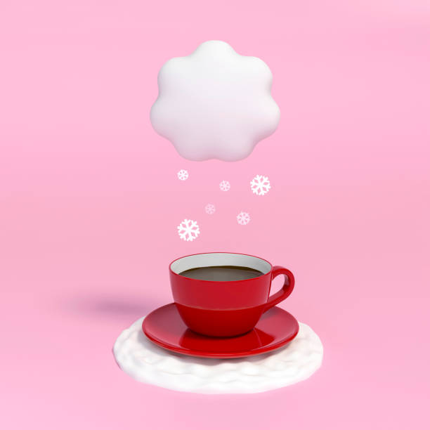 istock Outstanding red coffee cup under a cloud of snowflake on pastel pink background 3d rendering. 1193294566