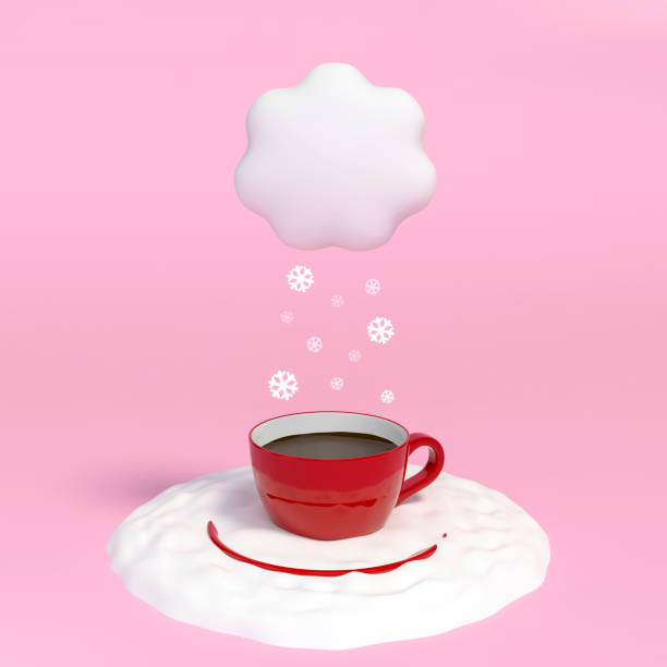 istock Outstanding red coffee cup under a cloud of hard snowflake on pastel pink background 3d rendering. 1193294570