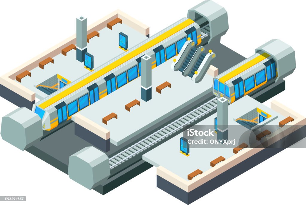City Metro Station Urban Subway Tunnel With Railway Train Vector Isometric  Low Poly Station Background Stock Illustration - Download Image Now - iStock