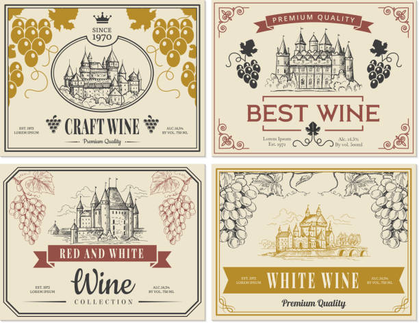 Wine labels. Vintage images for labels old medieval castles and towers architectural objects vector template Wine labels. Vintage images for labels old medieval castles and towers architectural objects vector template. Illustration wine sticker vintage traditional wine and oenology graphic stock illustrations