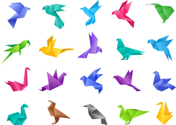 ilustrações, clipart, desenhos animados e ícones de pássaros de origami. formas abstratas geométricas de pomba poligonal estilizadas de animais vetores de papel limpo isolados - origami