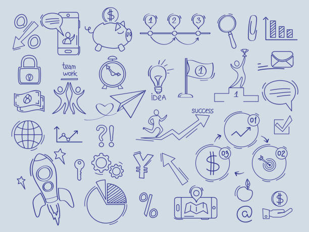 ilustrações de stock, clip art, desenhos animados e ícones de business icon. investment finance money in bank symbols of comerce office documents vector doodles collection - comerce