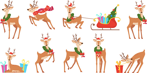 Cartoon deer. Winter celebration fairytale animals reindeer running vector christmas character. Reindeer happy run, character antler with sleigh and wreath illustration