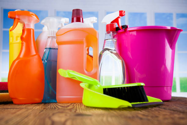 istock Cleaning supplies and window background 1193296176