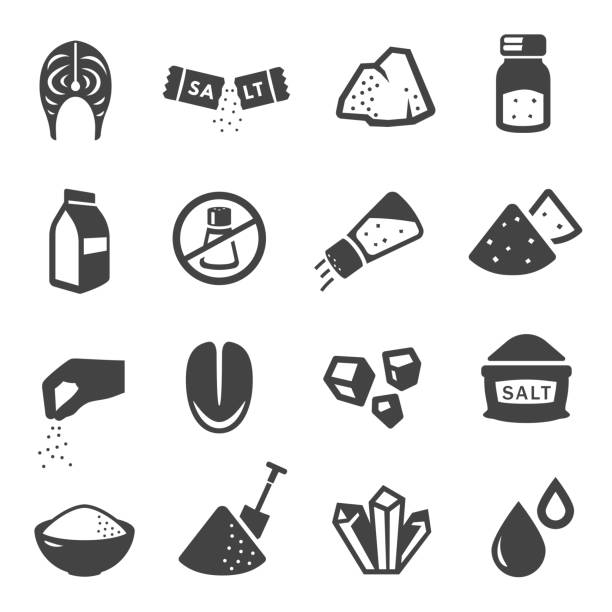 ilustraciones, imágenes clip art, dibujos animados e iconos de stock de conjunto de iconos de glifos de fabricación y consumo de sal - sales