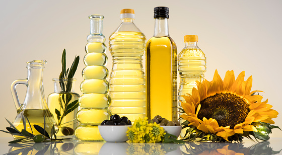 Healthy oil from sunflower, olive, rapeseed oil. Cooking oils in bottle