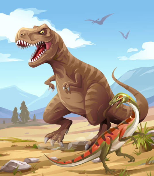 Tyrannosaurus Rex Hunting Vector illustration of a hungry Tyrannosaurus Rex hunting a small dinosaur. In the background are mountains, hills and trees and Pteranodons flying in the sky. Concept for Dinosaurs, prehistoric era, predators and carnivoras. pteranodon stock illustrations