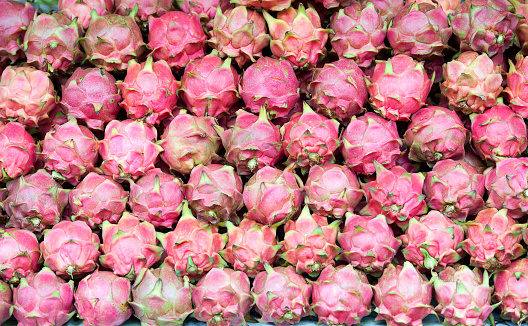 Dragonfruit stack make a pattern of irregular round vegetables of multiple colours, sizes and shapes on a stall in a street market, Bagan, Myanmar