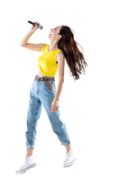 istock Cheerful woman singing on white background 1193299863