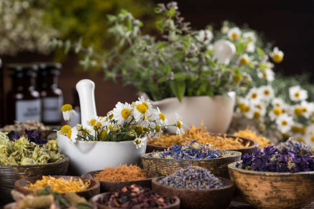 istock Natural remedy, healing herbs background 1193300684