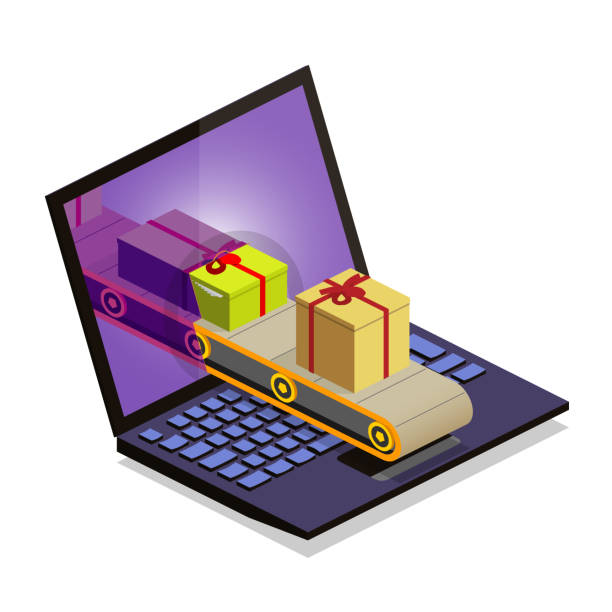 buying presents online production line on computer screen - isometric global conveyor belt stock illustrations