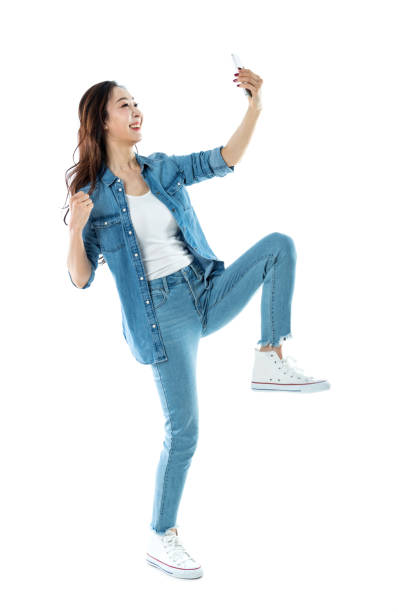 istock Woman taking a selfie on white background 1193304880