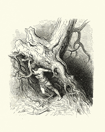 Vintage illustration from the story Orlando Furioso. Fantasy, Superhuman feat of strength, tearing tree up by roots. Orlando Furioso (The Frenzy of Orlando) an Italian epic poem by Ludovico Ariosto, illustrated by Gustave Dore. The story is also a chivalric romance which stemmed from a tradition beginning in the late Middle Ages.