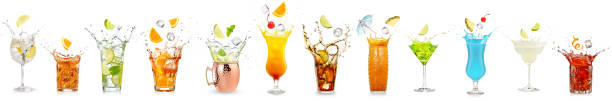 set of splashing cocktails on white background stock photo