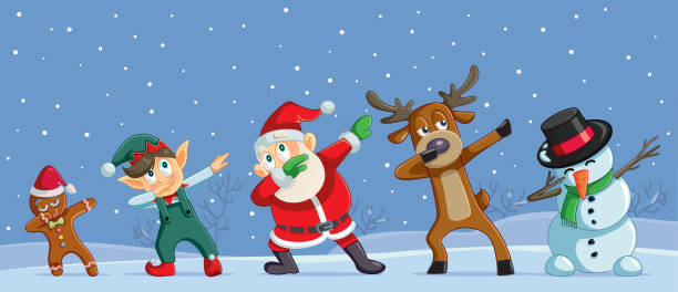 ilustraciones, imágenes clip art, dibujos animados e iconos de stock de dabbing navidad cartoon personajes funny banner - merry xmas