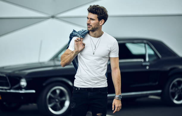 Handsome man with old classic car