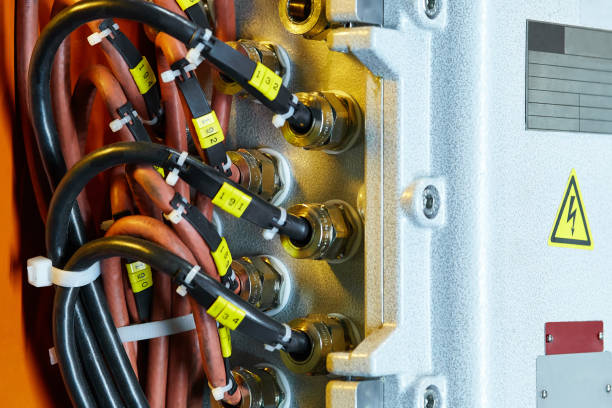 istock Cable close-up connected to the switchboard using nuts, on the switchboard plates to fill in the information 1193310410
