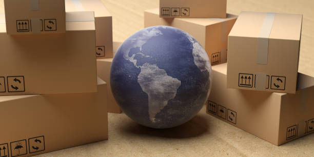 istock Cardboard packages and earth globe on industrial floor. 3d illustration 1193312194