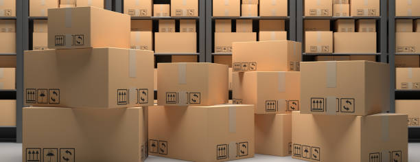 istock Cardboard boxes on warehouse storage shelves background. 3d illustration 1193312199