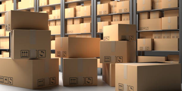 istock Cardboard boxes on warehouse storage shelves background. 3d illustration 1193312204