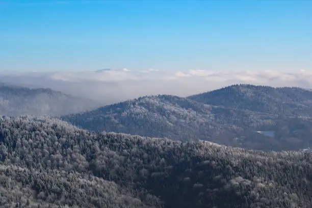 Beskid Sadecki Mountains in winter. View from Jaworzyna Krynicka, Poland.