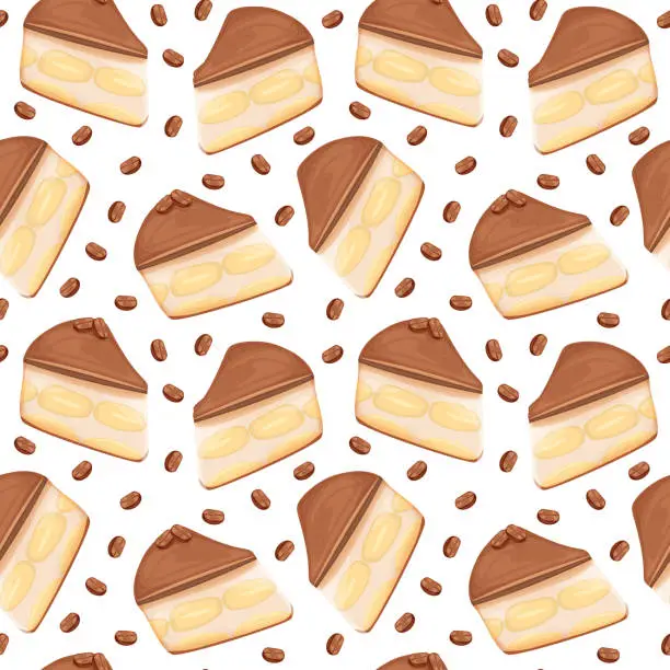 Vector illustration of Tiramisu cake slice cartoon style vector illustration seamless pattern, isolated colorful piece of delicious cake.