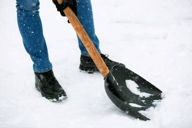 istock Man with shovel cleaning snow at day light in his backyard 1193316387
