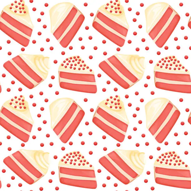 Vector illustration of Red velvet cake slice cartoon style vector illustration seamless pattern, isolated colorful piece of delicious cake.