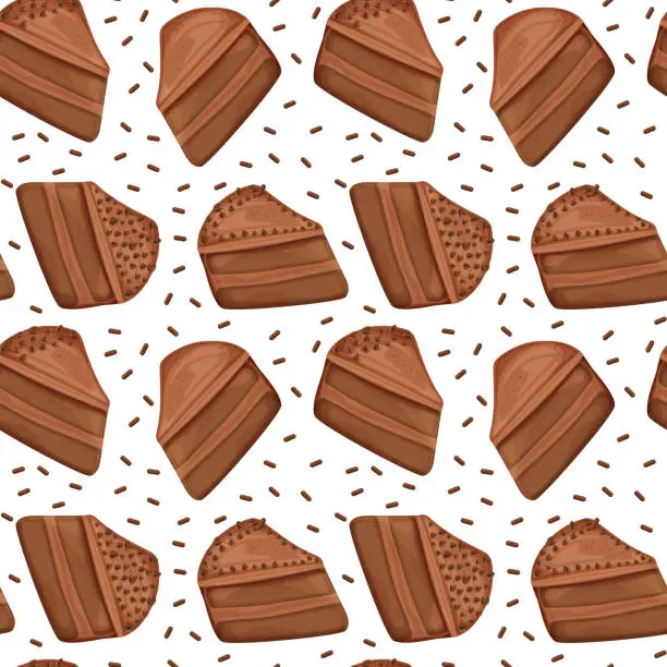Vector illustration of Chocolate cake slice cartoon style vector illustration seamless pattern, isolated colorful piece of delicious cake.