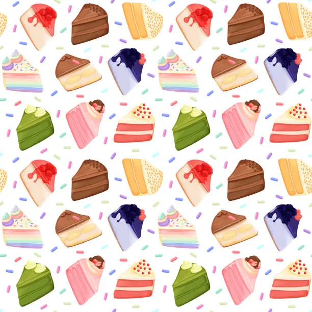 Vector illustration of Various cakes slice cartoon style vector illustrations seamless pattern, isolated colorful pieces of famous cakes.