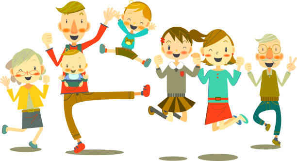 Happy family jumping, dancing, playing happy family baby boy dancing with his mommy stock illustrations