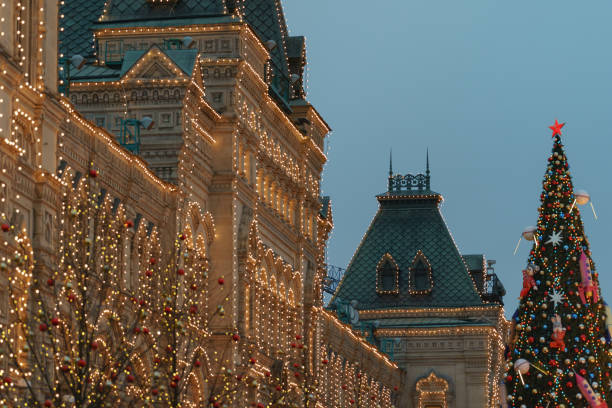 Moscow, Russia  - April 15, 2023: GUM  -  the oldest historic Department store located on Red Square, illuminated at night