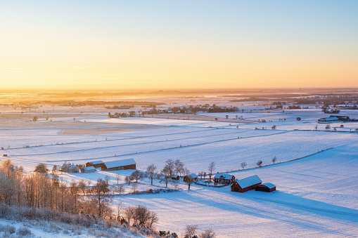Winter landscape view in the sunset