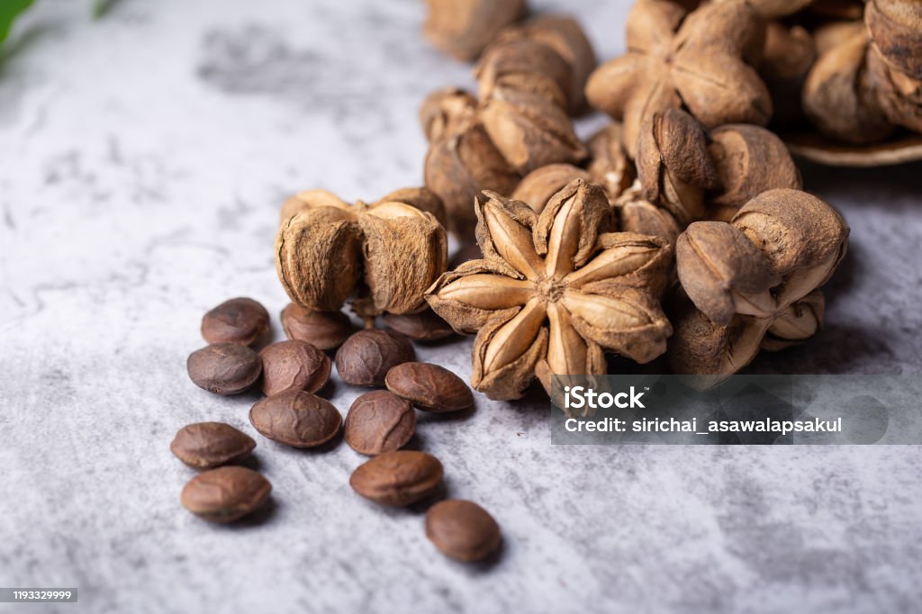 A pile of dried Sacha Inchi nuts. Natural background in lighting studio A pile of dried Sacha Inchi nuts. Natural background in lighting studio. Acid Stock Photo
