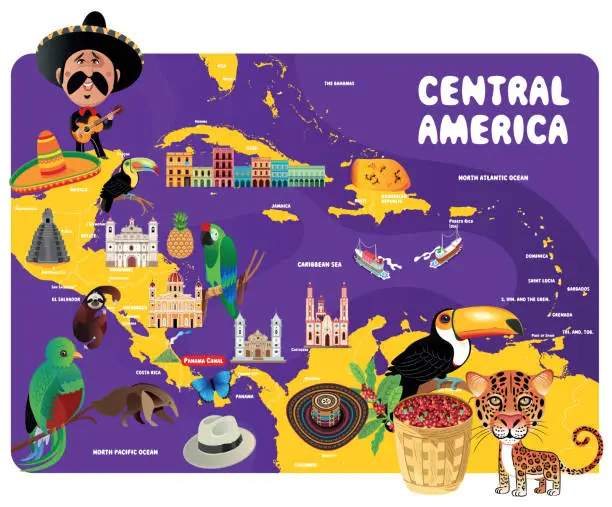 Vector illustration of Central America Travel Map, Kingston ,San Salvador ,Port-au Prince ,Santo Domingo ,San Jose' ,Panama City ,Guatemala City ,Tegucigalpa ,Belmopan ,Managua ,Havana ,Mexico City ,Nassau